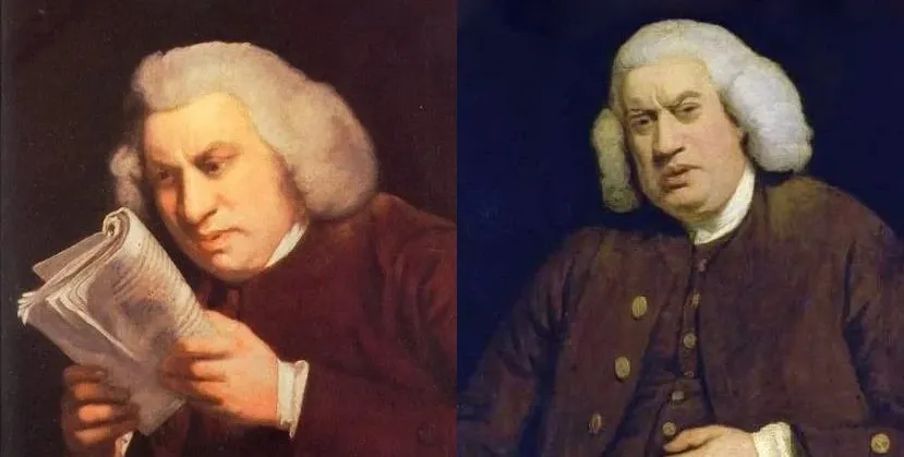 Two famous portraits of Samuel Johnson, side-by-side. The left one is him squinting up close at a newspaper. The right one is him looking at the viewer, confused.